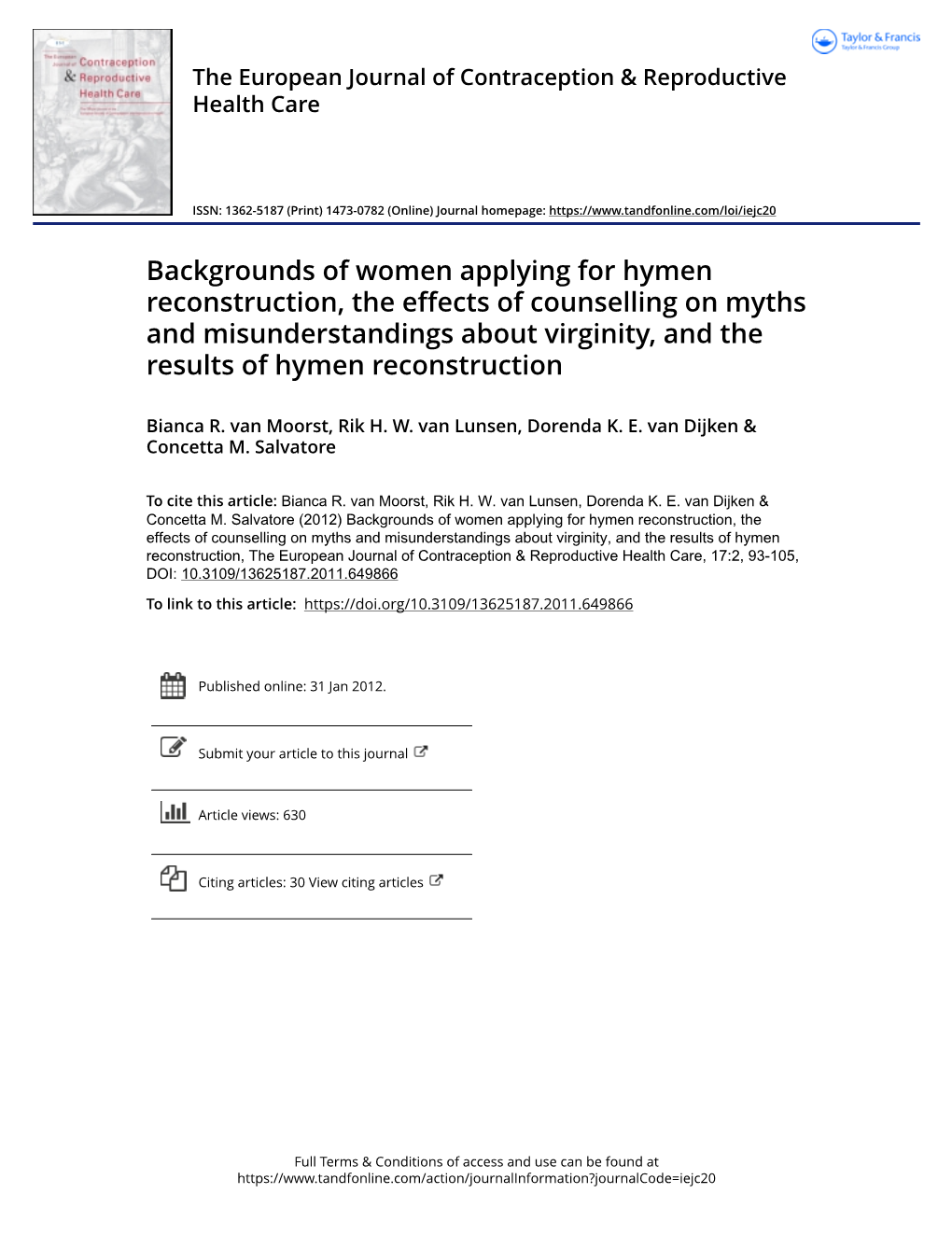 Backgrounds of Women Applying for Hymen Reconstruction, the Effects Of