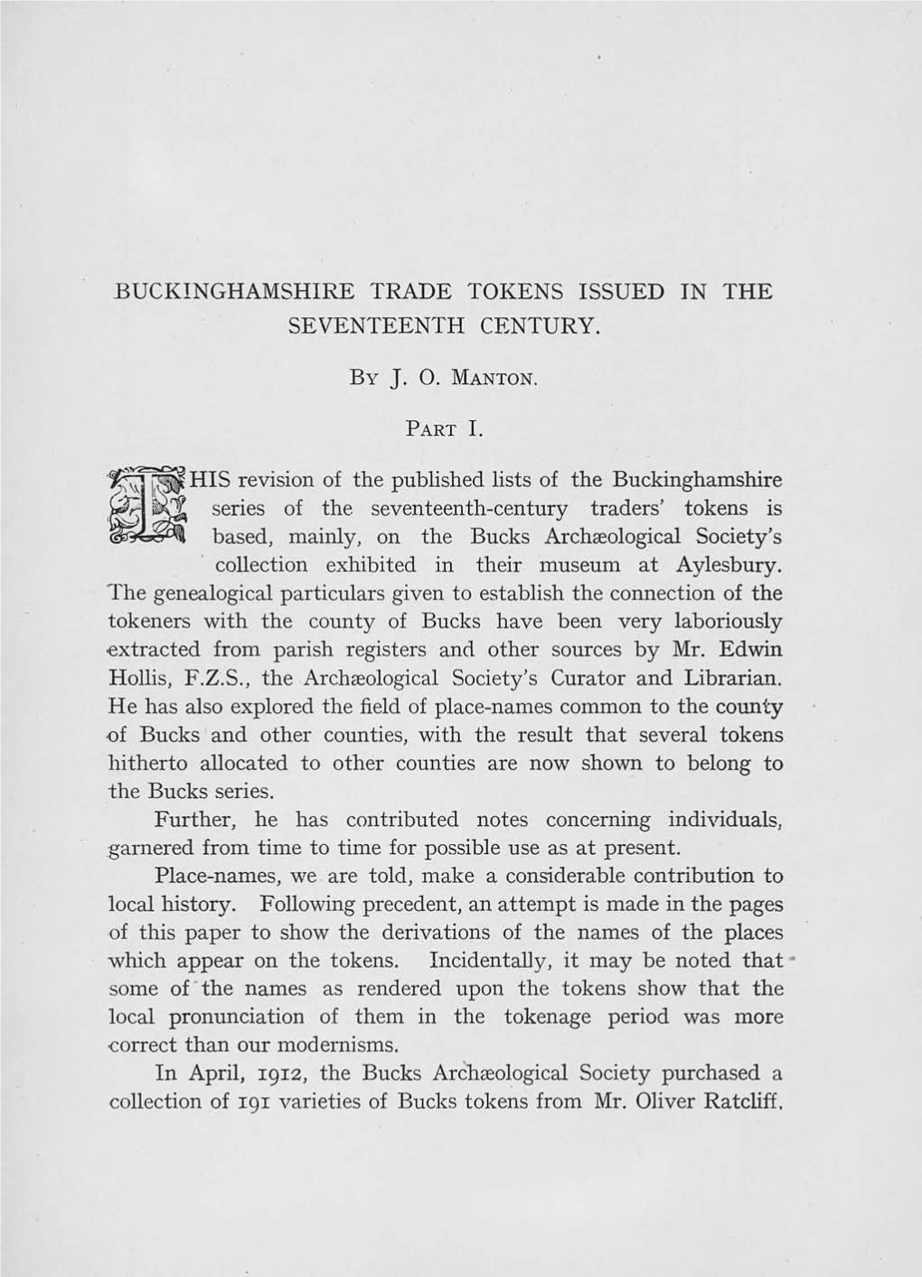 Buckinghamshire Trade Tokens Issued in the Seventeenth Century