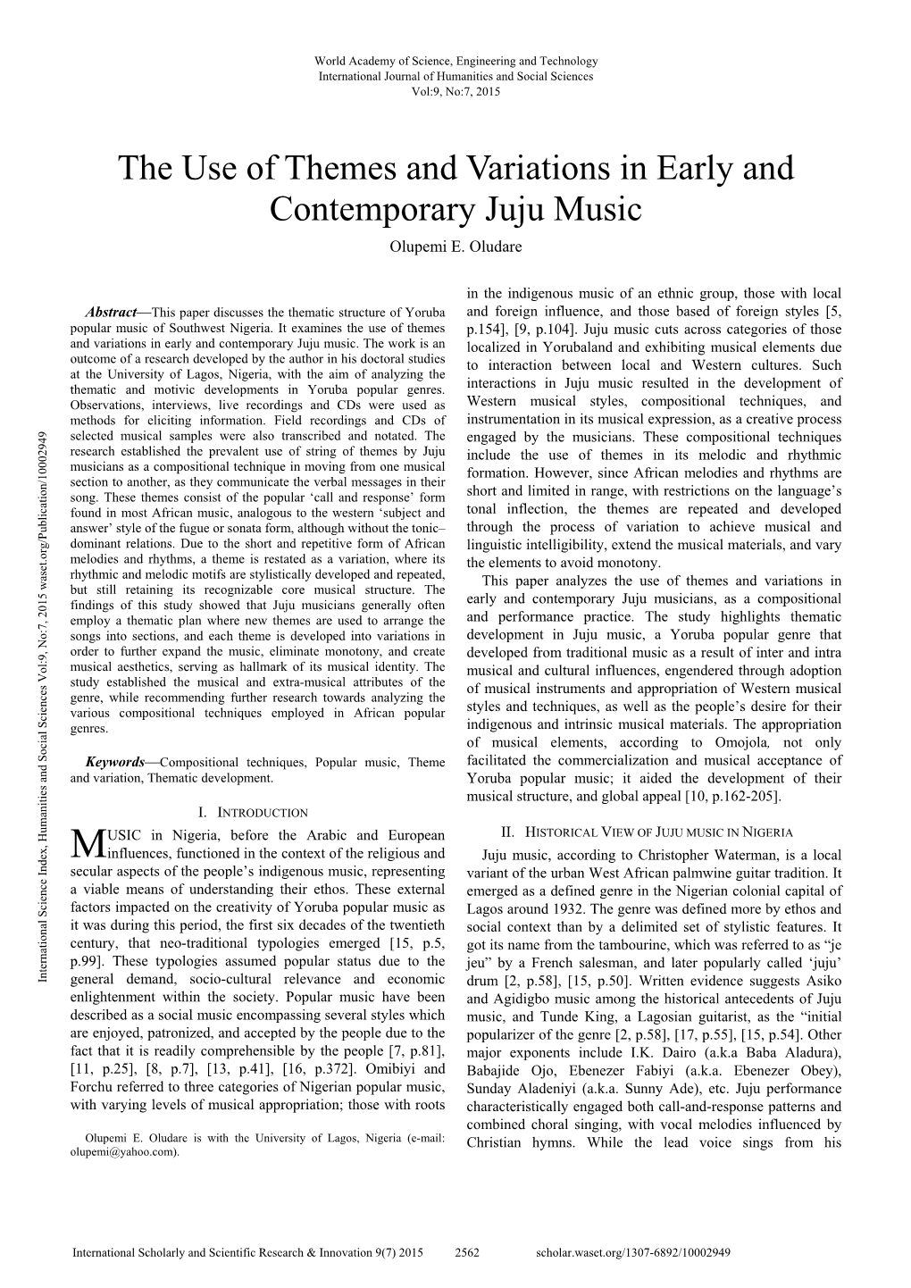 The Use of Themes and Variations in Early and Contemporary Juju Music Olupemi E