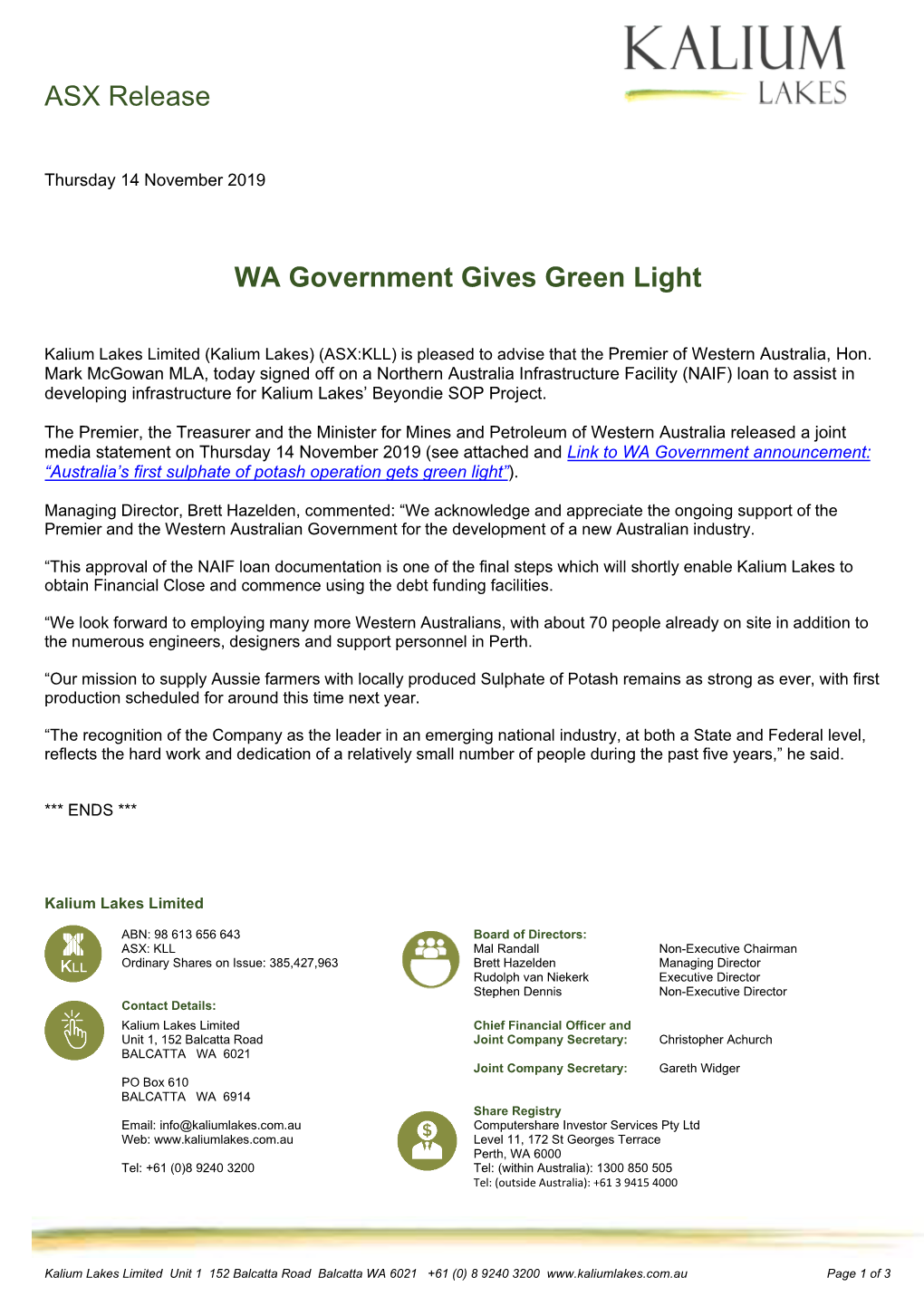 ASX Release WA Government Gives Green Light