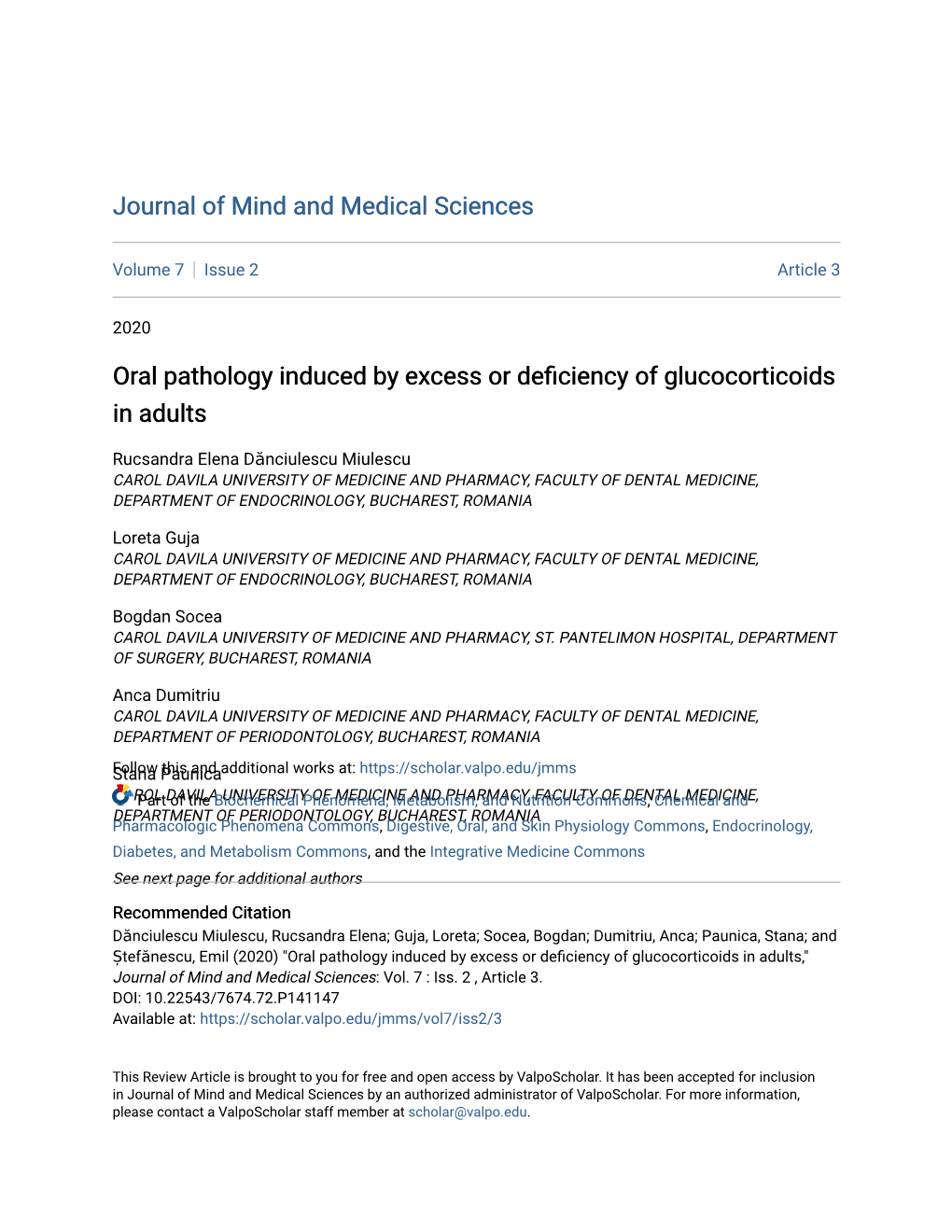 Oral Pathology Induced by Excess Or Deficiency of Glucocorticoids in Adults