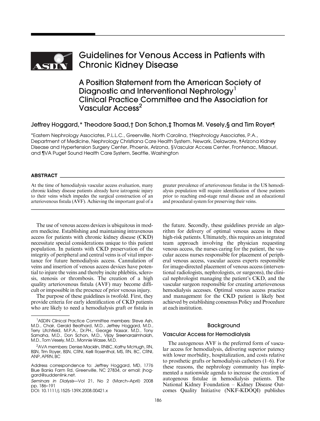 Guidelines for Venous Access in Patients with Chronic Kidney Disease