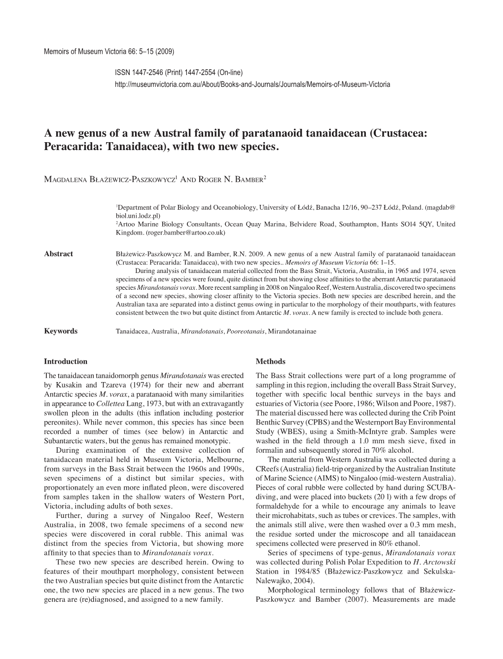 Crustacea: Peracarida: Tanaidacea), with Two New Species