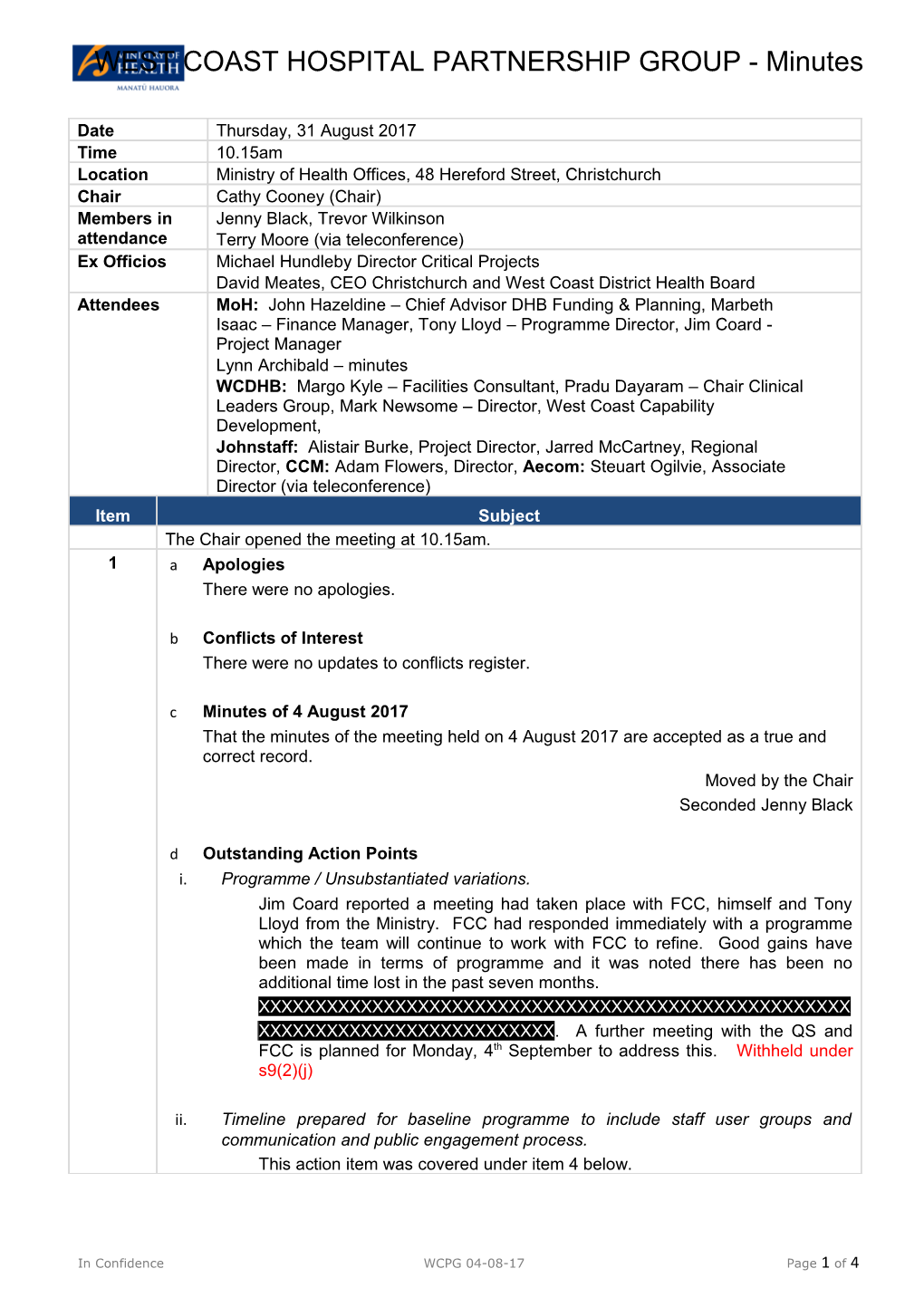 West Coast Hospital Redevelopment Partnership Group Meeting Minutes: 31 August 2017