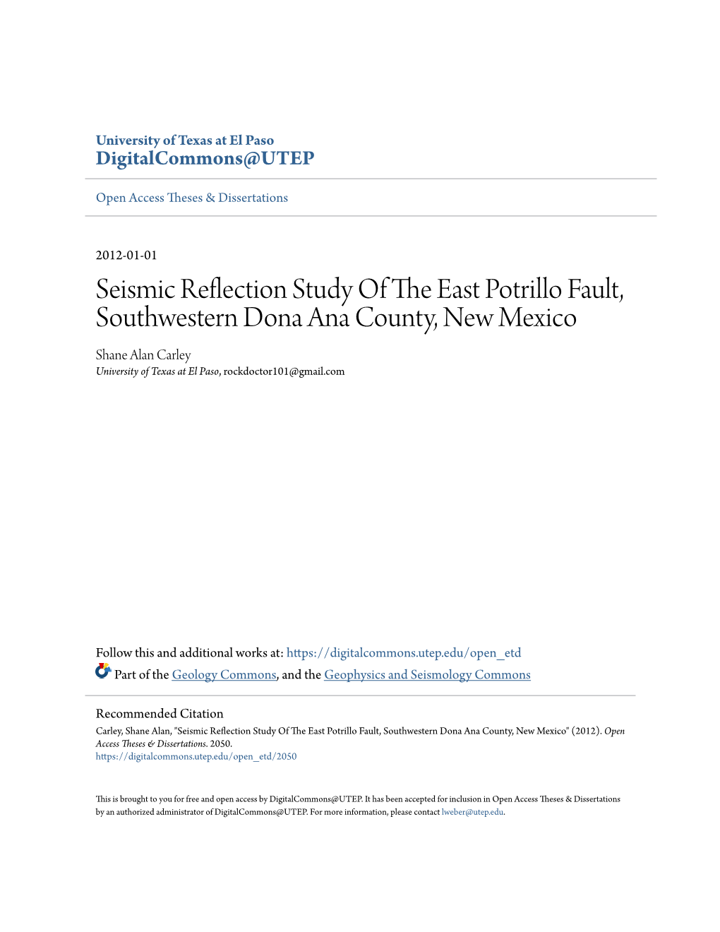 Seismic Reflection Study of the East Potrillo Fault, Southwestern Dona Ana County, New Mexico" (2012)