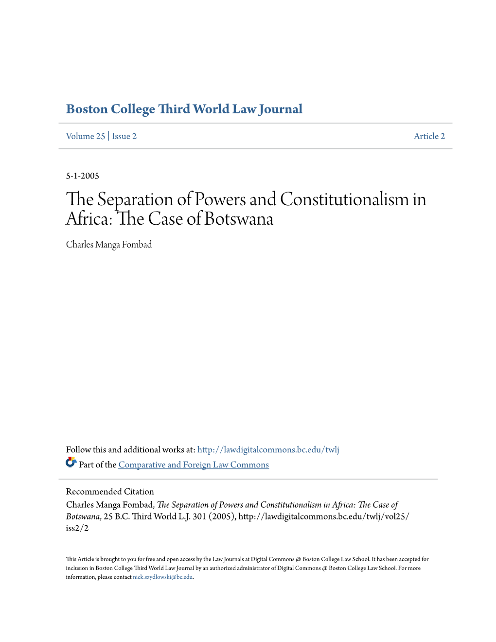 The Separation of Powers and Constitutionalism in Africa: the Case of Botswana, 25 B.C