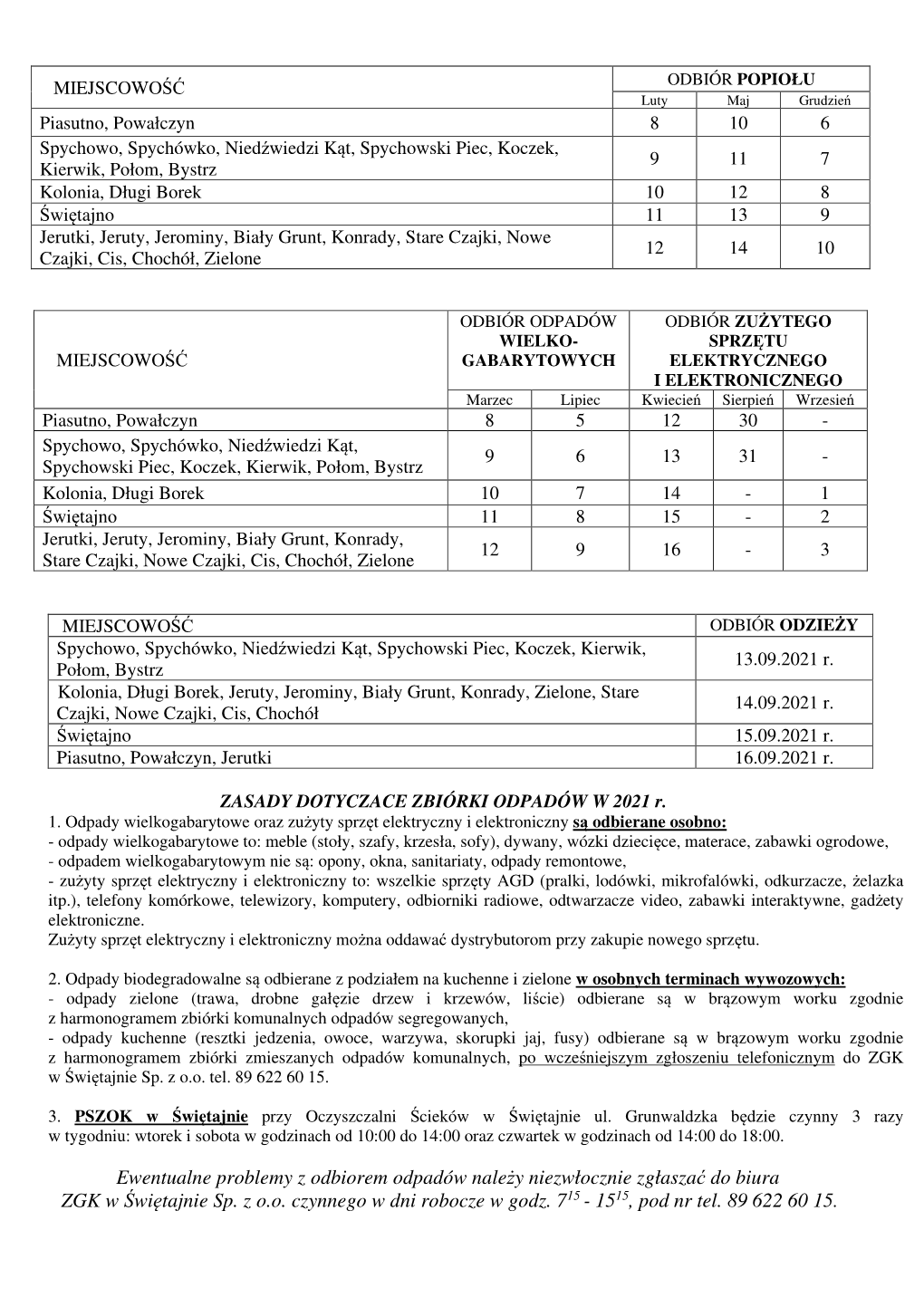 Harmonogram Na 2021 Rok Odbiór Popiołu, Wielkogabarytów, Elektrosprzętu I Odzieży