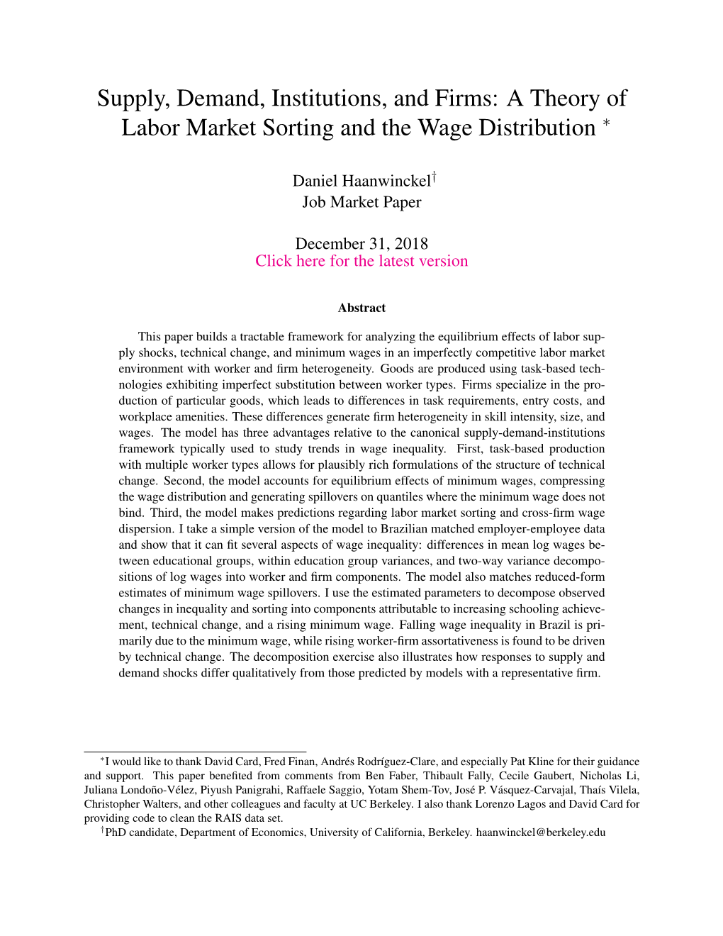 Supply, Demand, Institutions, and Firms: a Theory of Labor Market Sorting and the Wage Distribution ∗