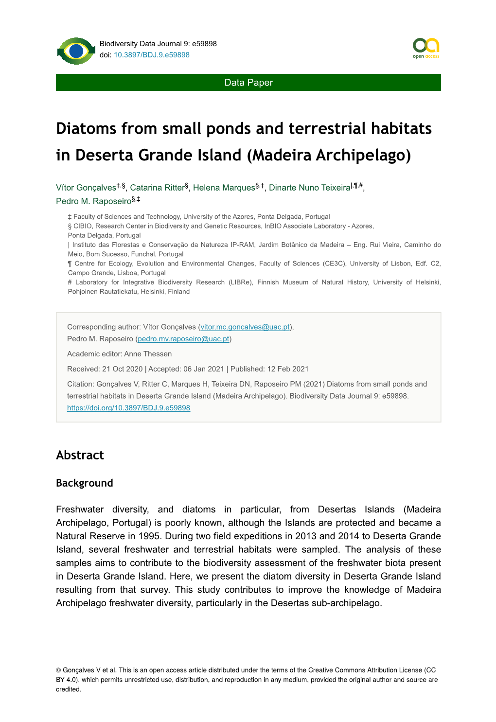 Diatoms from Small Ponds and Terrestrial Habitats in Deserta Grande Island (Madeira Archipelago)