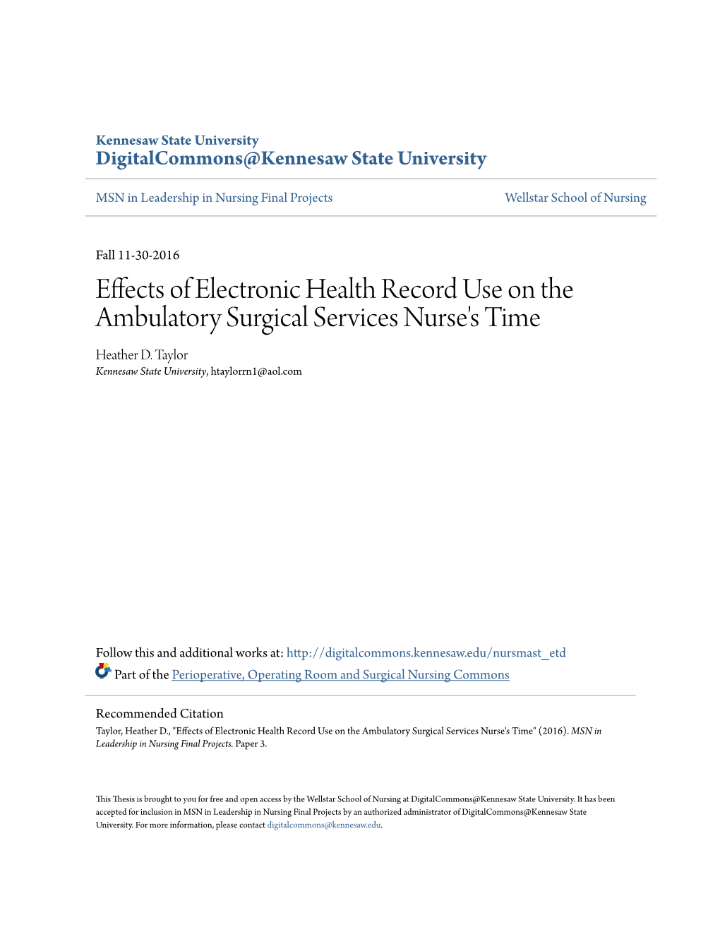 Effects of Electronic Health Record Use on the Ambulatory Surgical Services Nurse's Time Heather D