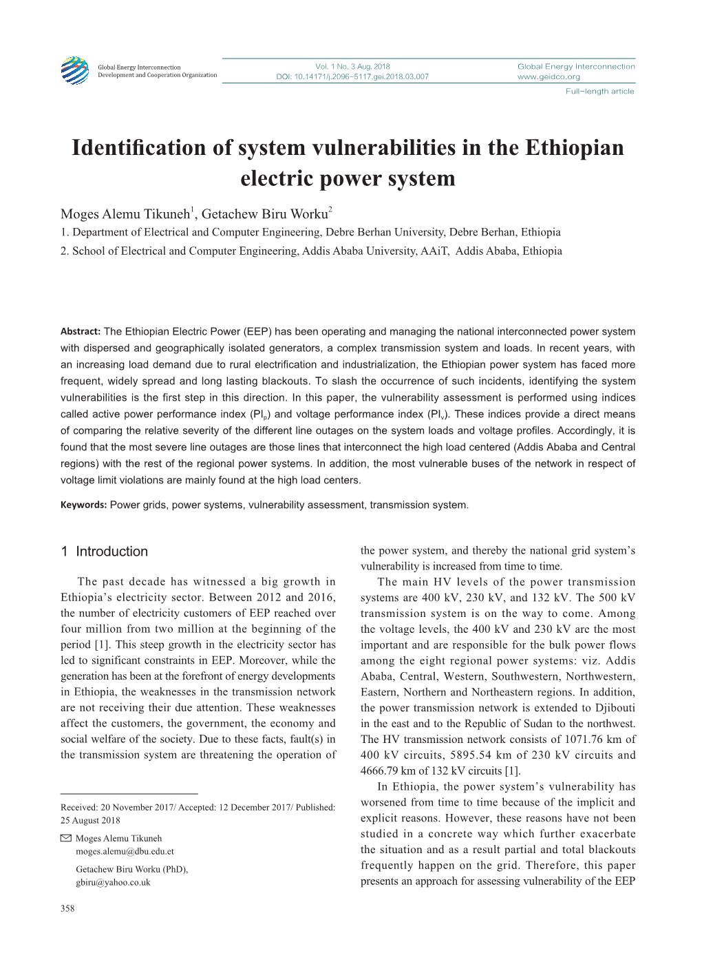 Identification of System Vulnerabilities in the Ethiopian Electric Power System