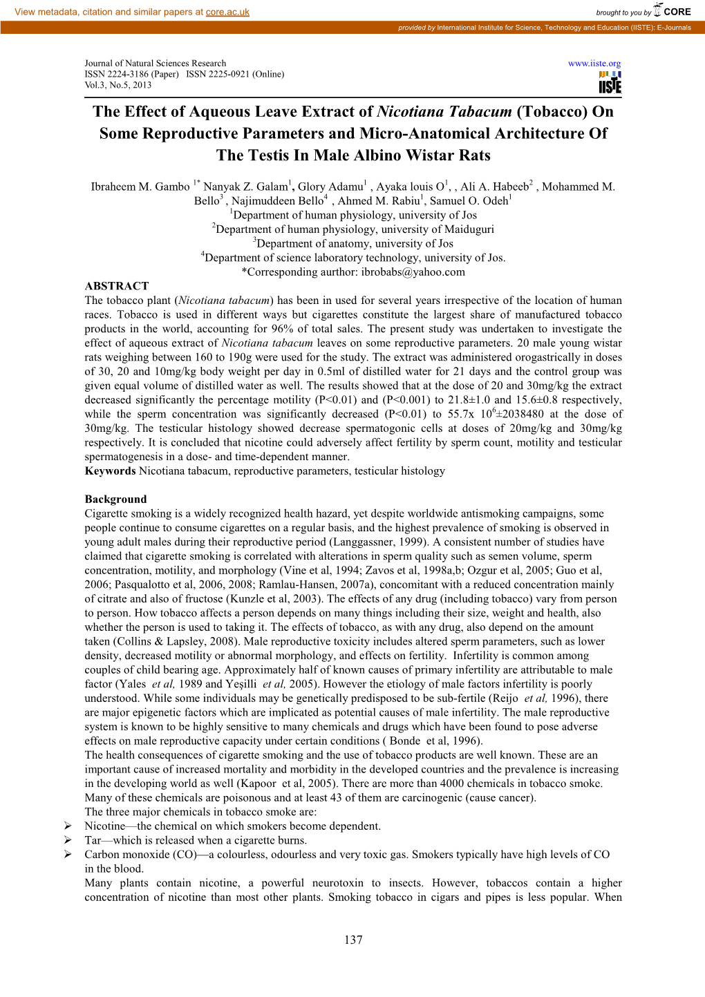 The Effect of Aqueous Leave Extract of Nicotiana Tabacum (Tobacco) on Some Reproductive Parameters and Micro-Anatomical Architec