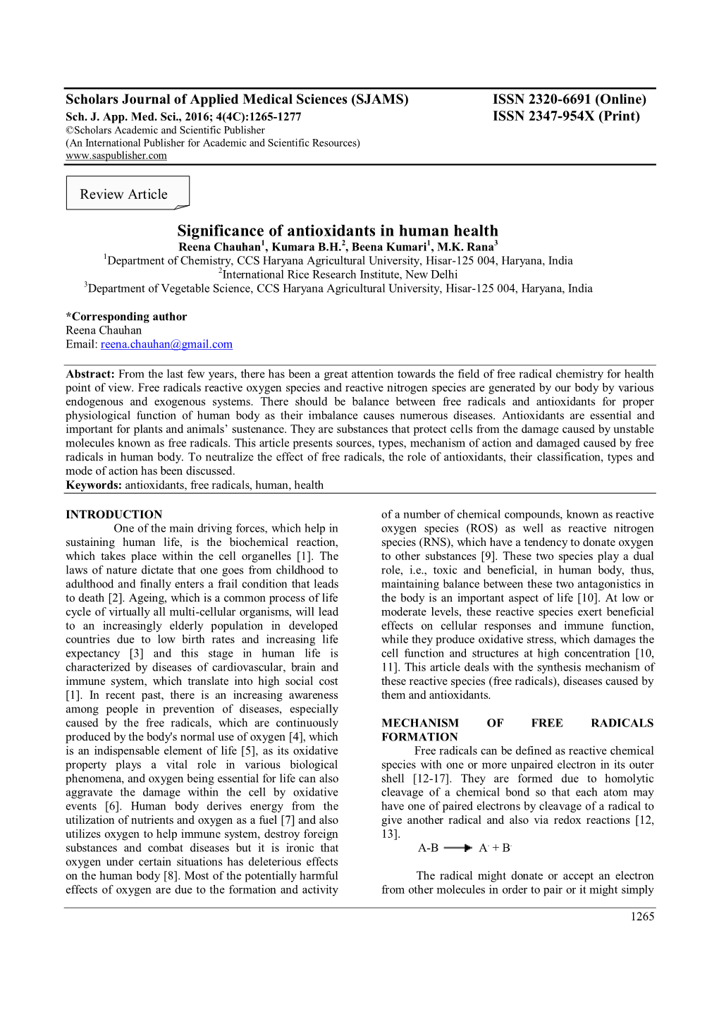 Significance of Antioxidants in Human Health Reena Chauhan1, Kumara B.H.2, Beena Kumari1, M.K