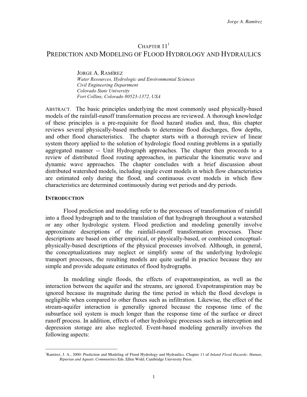 Prediction and Modeling of Flood Hydrology and Hydraulics