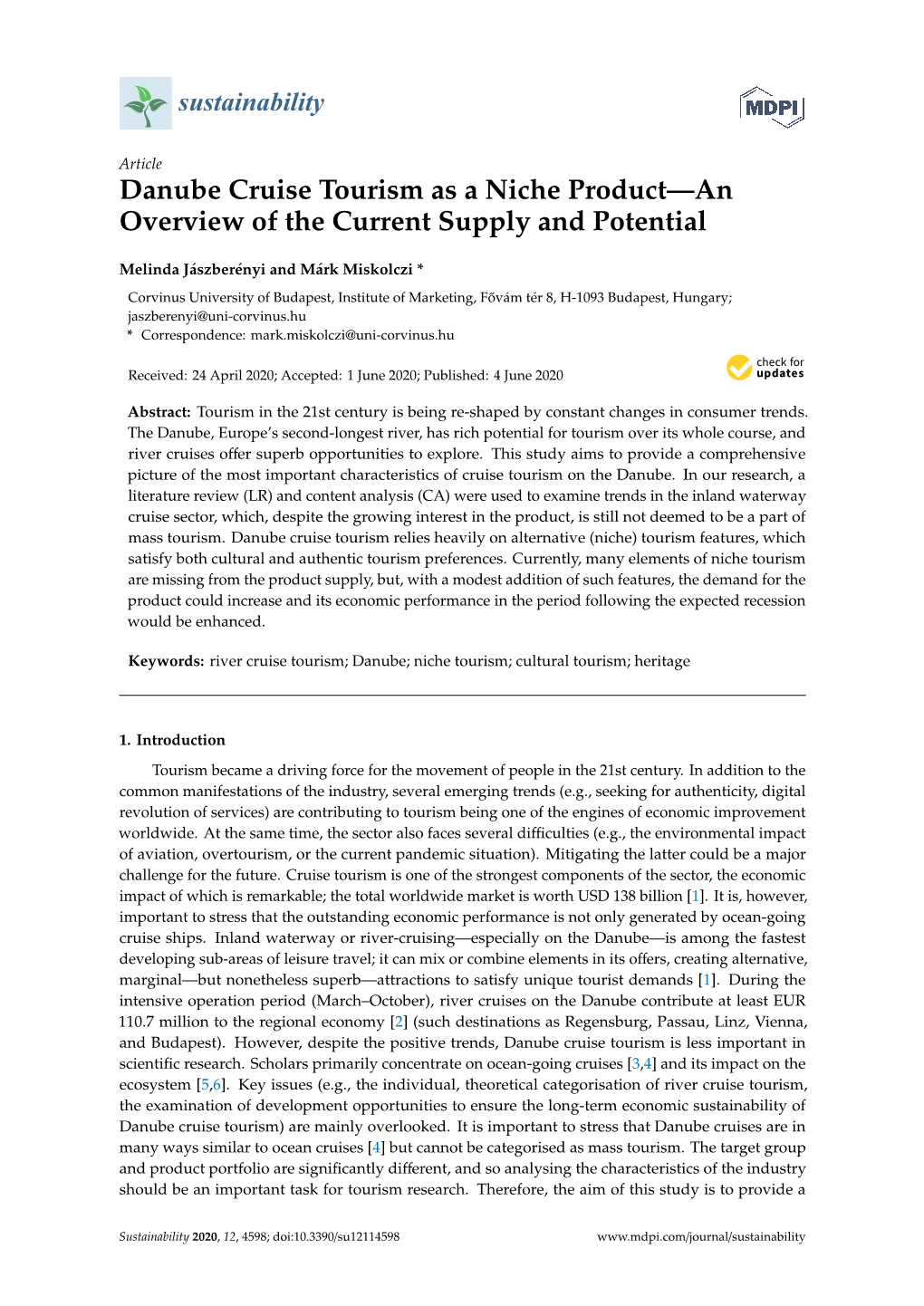 Danube Cruise Tourism As a Niche Product—An Overview of the Current Supply and Potential