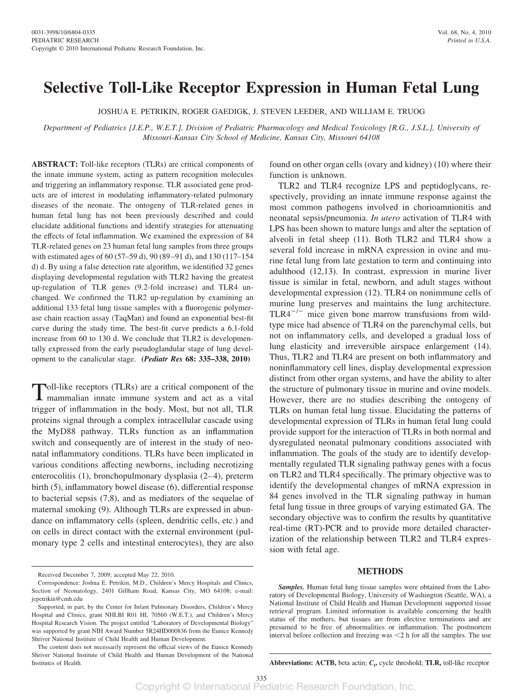 Selective Toll-Like Receptor Expression in Human Fetal Lung