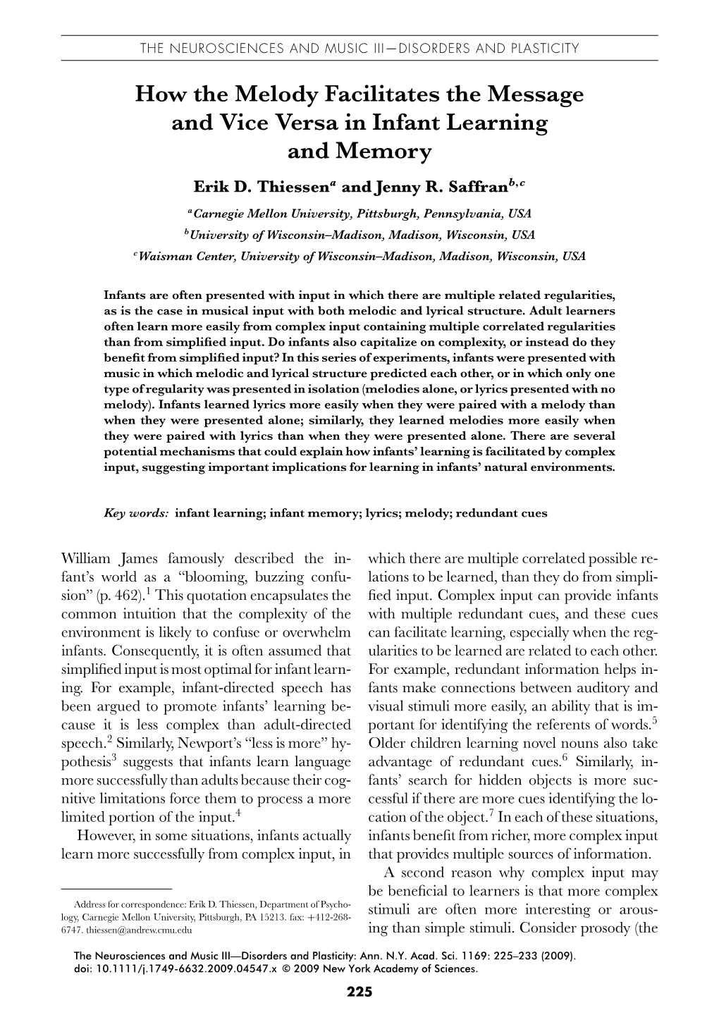 How the Melody Facilitates the Message and Vice Versa in Infant Learning and Memory Erik D