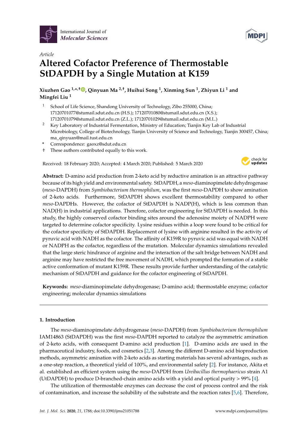 Altered Cofactor Preference of Thermostable Stdapdh by a Single Mutation at K159