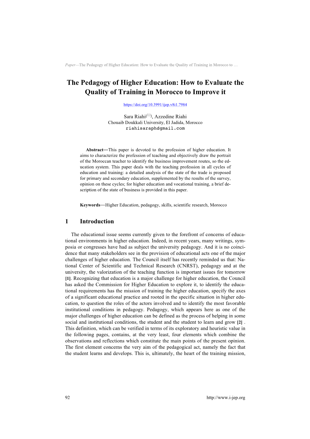 The Pedagogy of Higher Education: How to Evaluate the Quality of Training in Morocco to …