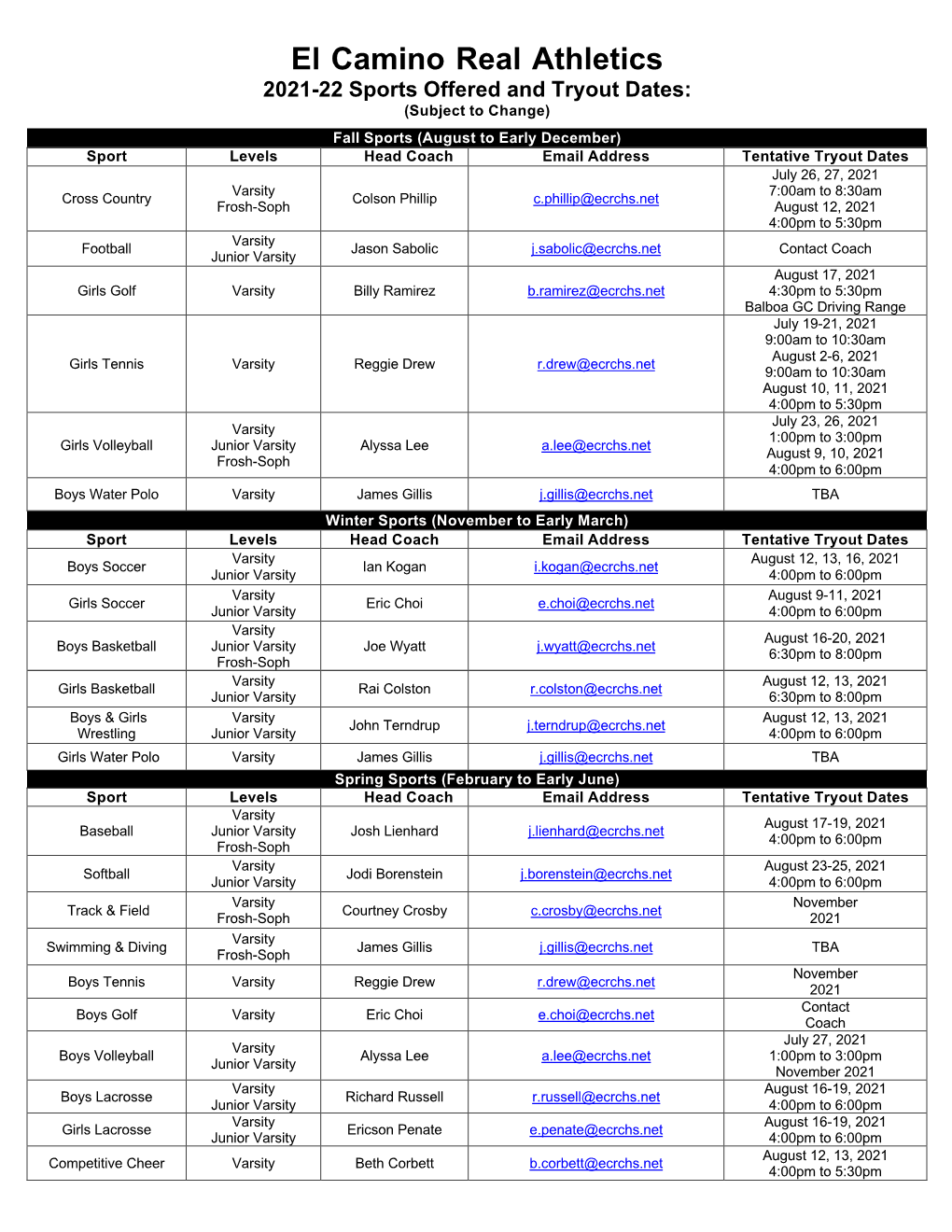 2021-22 ECR Tryouts Schedule