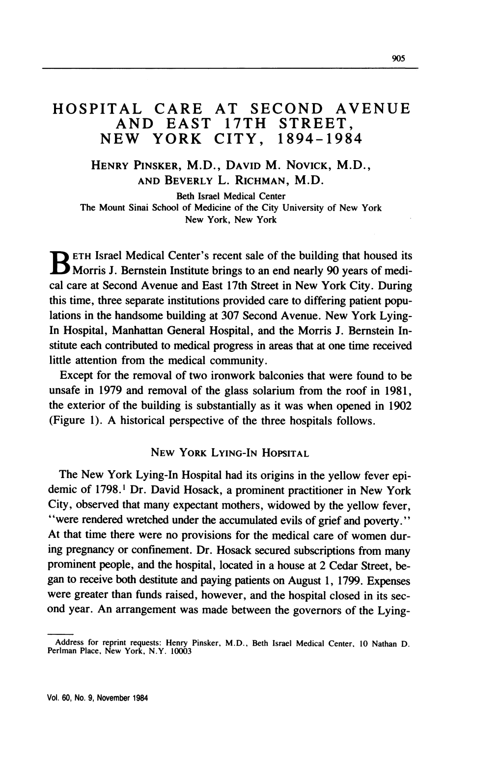 Hospital Care at Second Avenue and East 17Th Street, New York City, 1894-1984 Henry Pinsker, M.D., David M