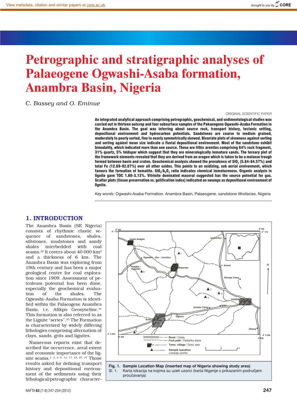 Petrographic and Stratigraphic Analyses of Palaeogene Ogwashi-Asaba Formation, Anambra Basin, Nigeria C