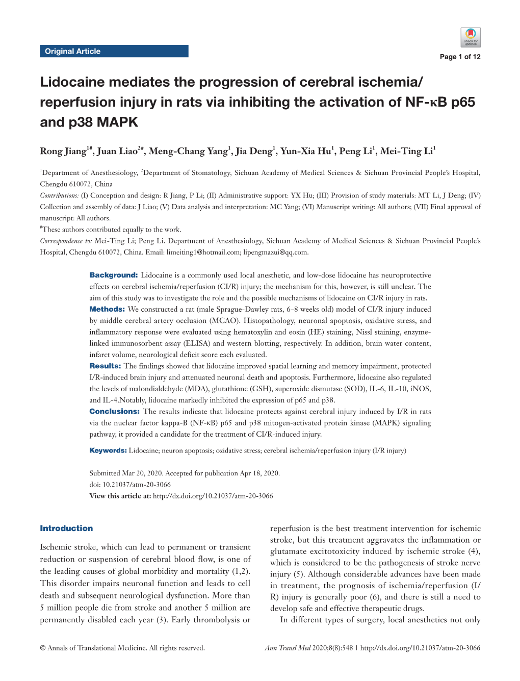 Reperfusion Injury in Rats Via Inhibiting the Activation of NF-Κb P65 and P38 MAPK