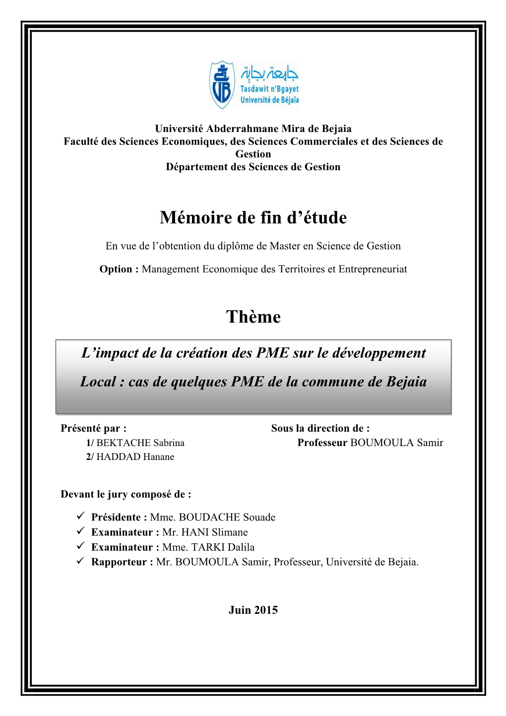 Mémoire De Fin D'étude Thème