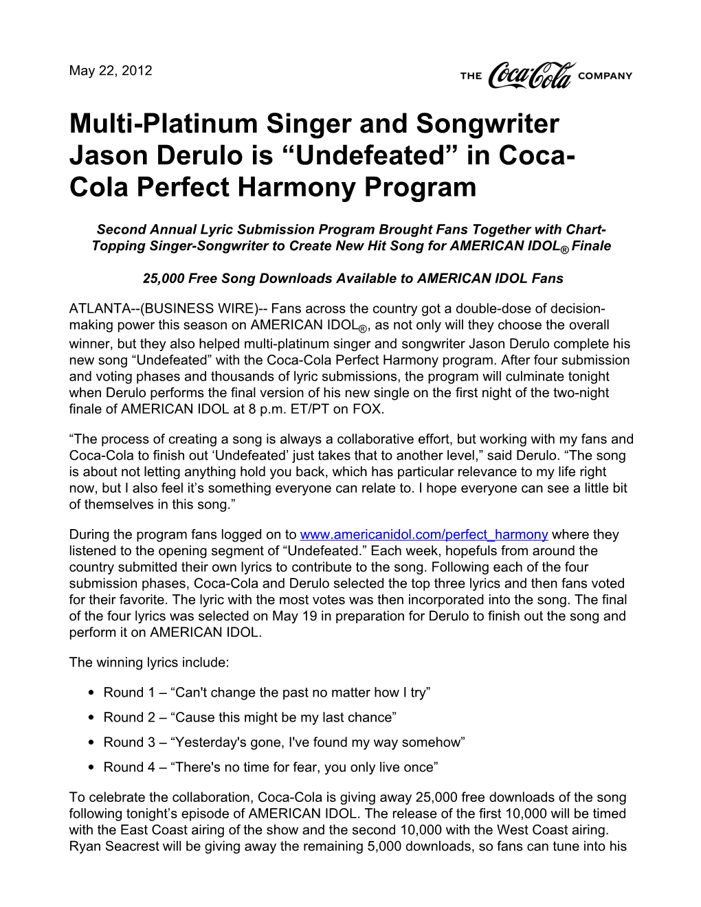 Multi-Platinum Singer and Songwriter Jason Derulo Is “Undefeated” in Coca- Cola Perfect Harmony Program