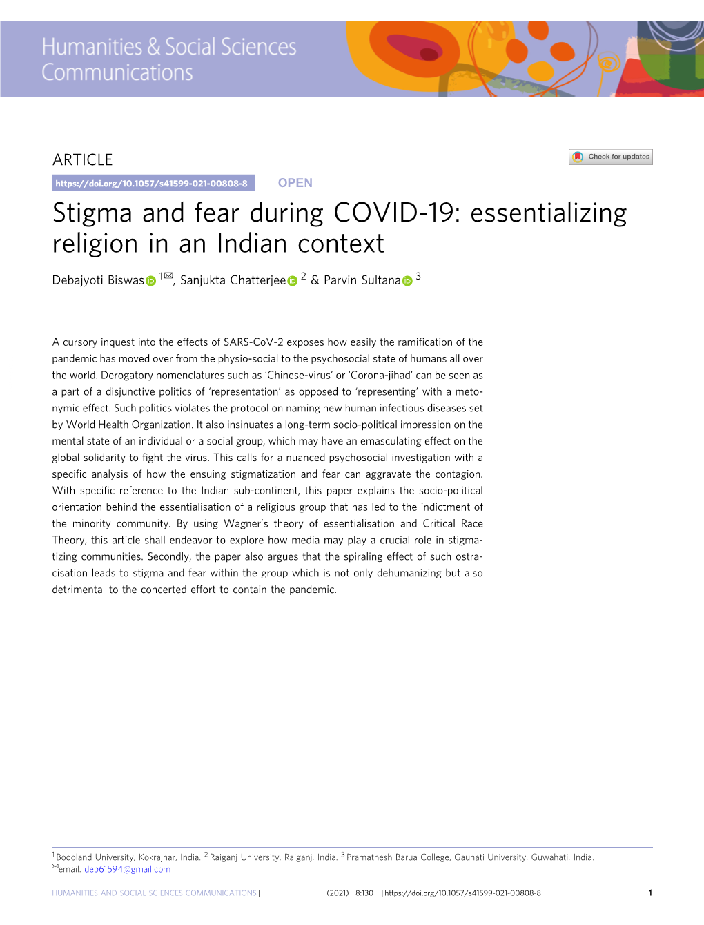 Essentializing Religion in an Indian Context ✉ Debajyoti Biswas 1 , Sanjukta Chatterjee 2 & Parvin Sultana 3