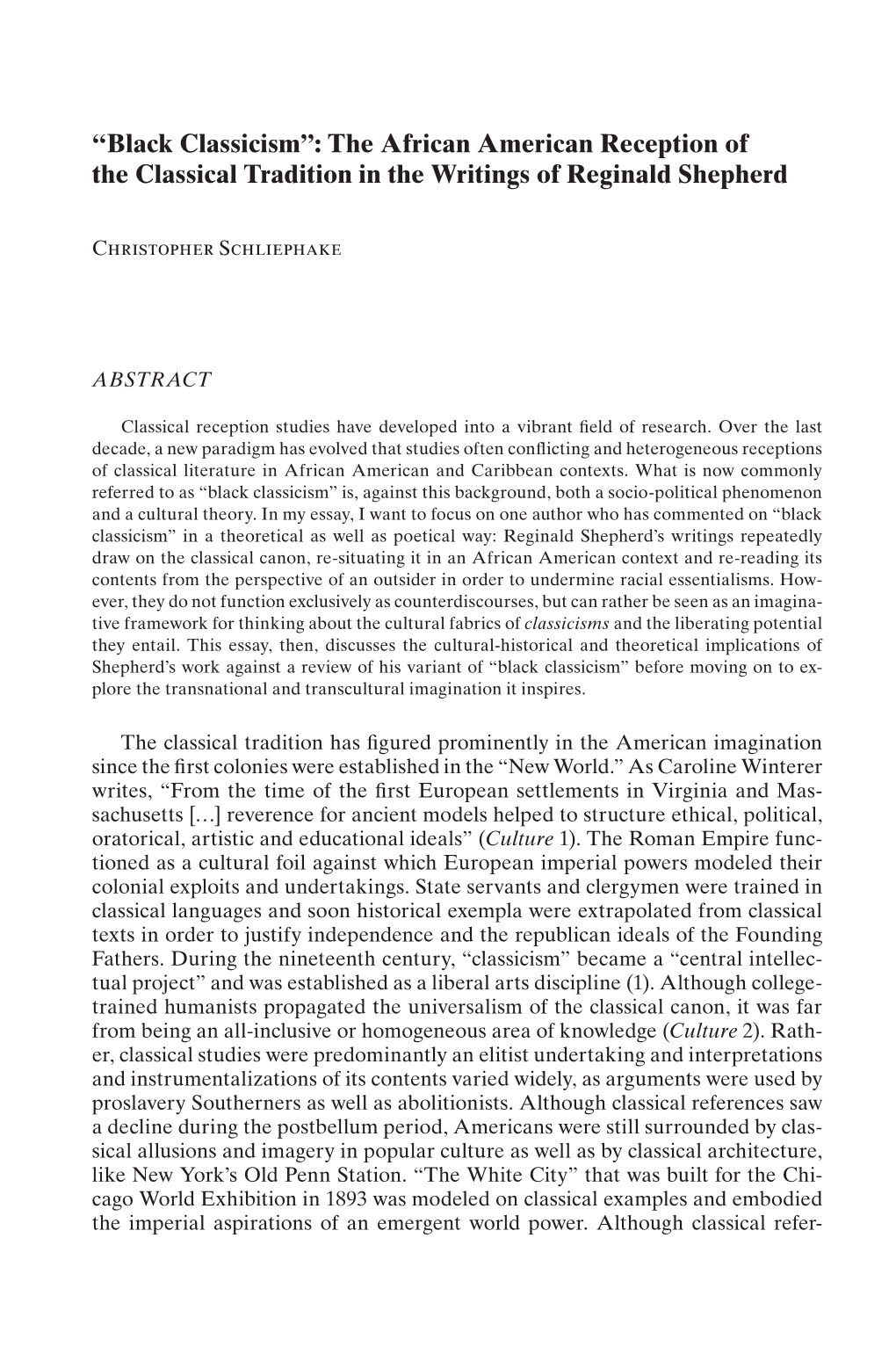 “Black Classicism”: the African American Reception of the Classical Tradition in the Writings of Reginald Shepherd