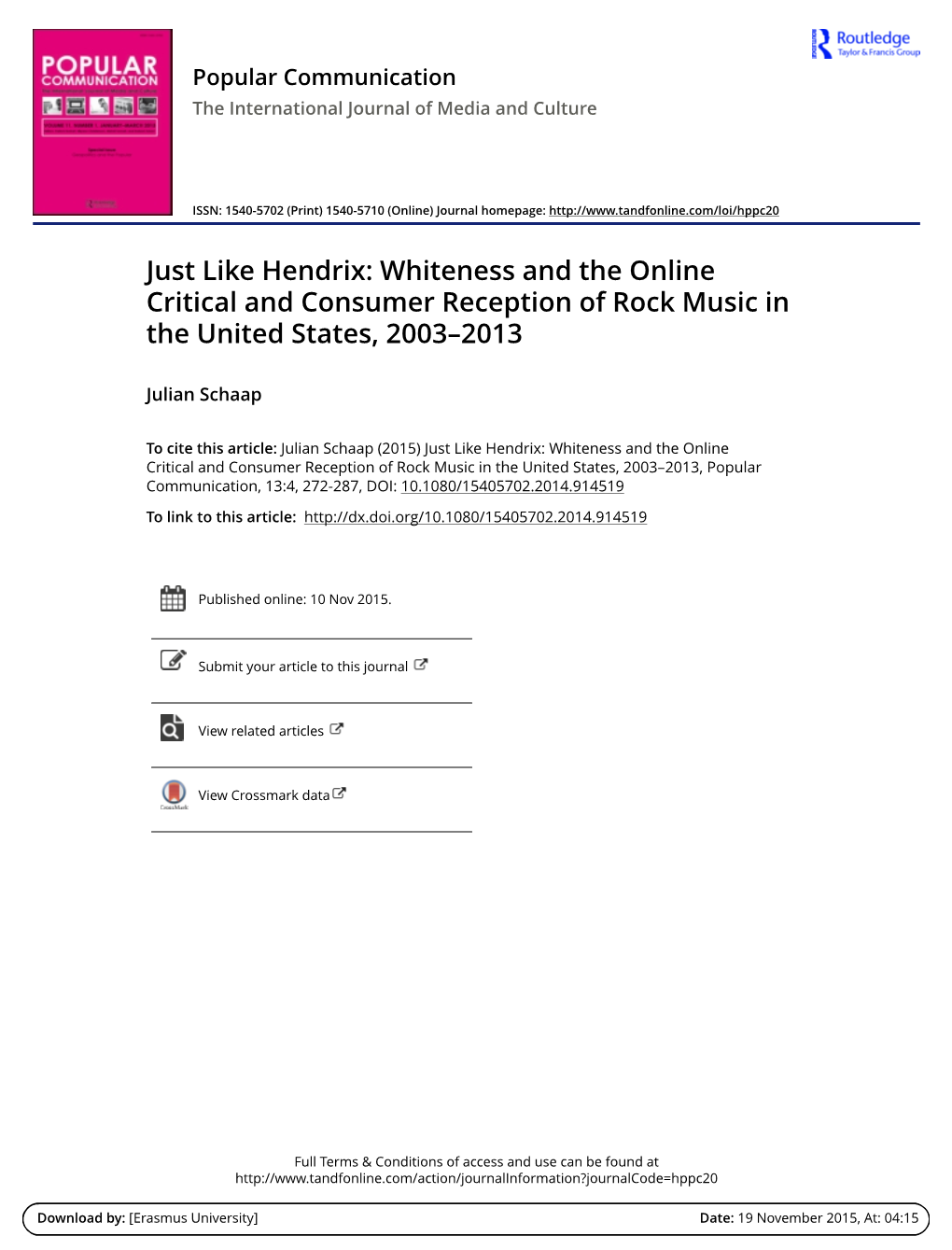 Just Like Hendrix: Whiteness and the Online Critical and Consumer Reception of Rock Music in the United States, 2003–2013