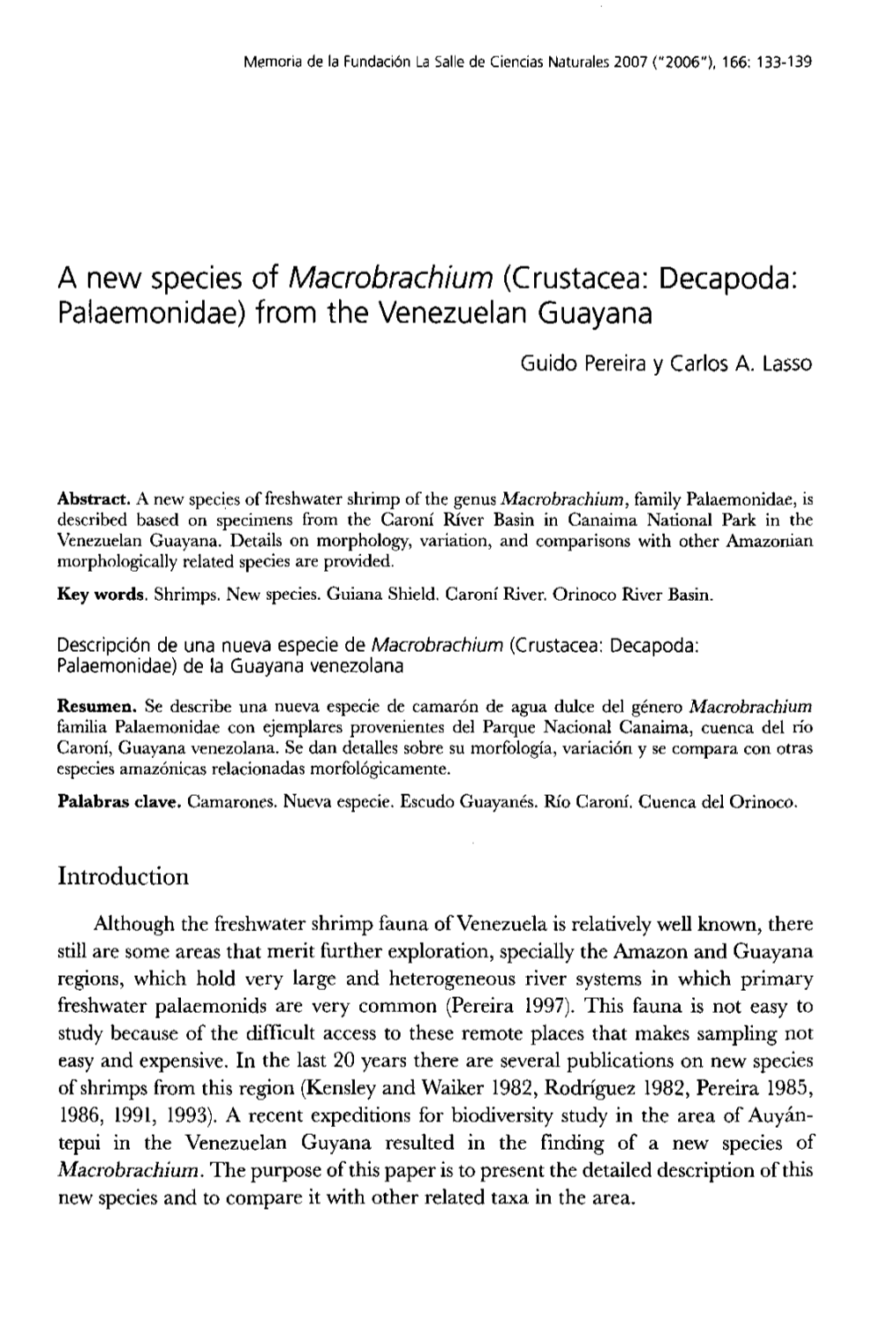 A New Species of Macrobrachium (Crustacea: Decapoda: Palaemonidae) from the Venezuelan Guayana