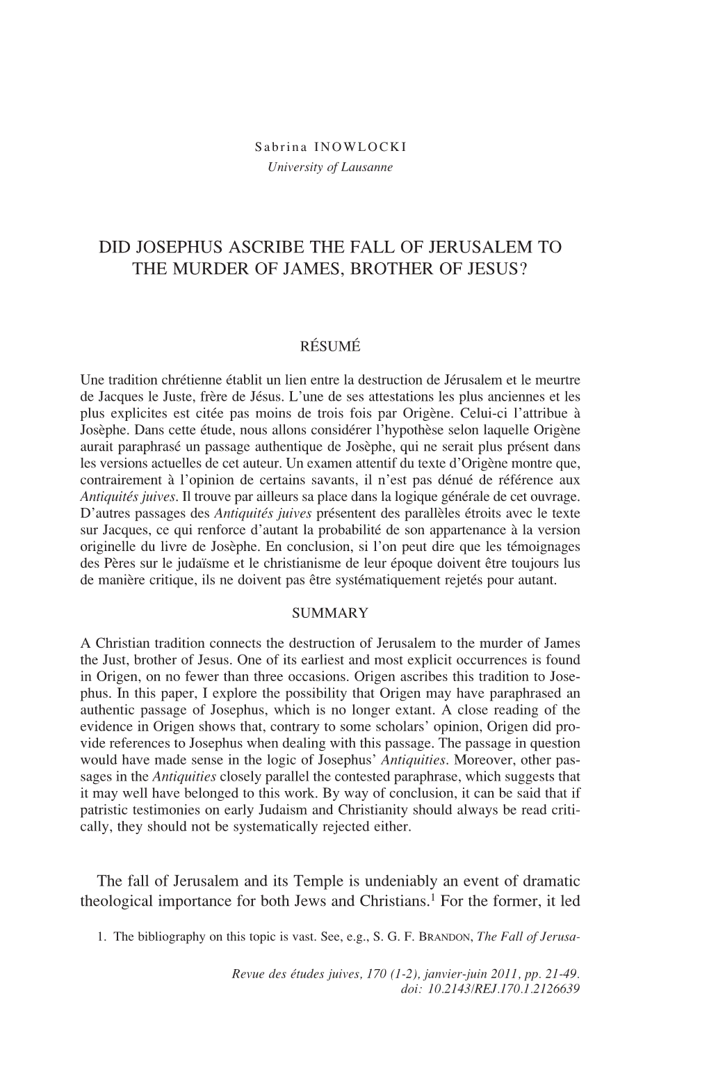 Did Josephus Ascribe the Fall of Jerusalem to the Murder of James, Brother of Jesus?