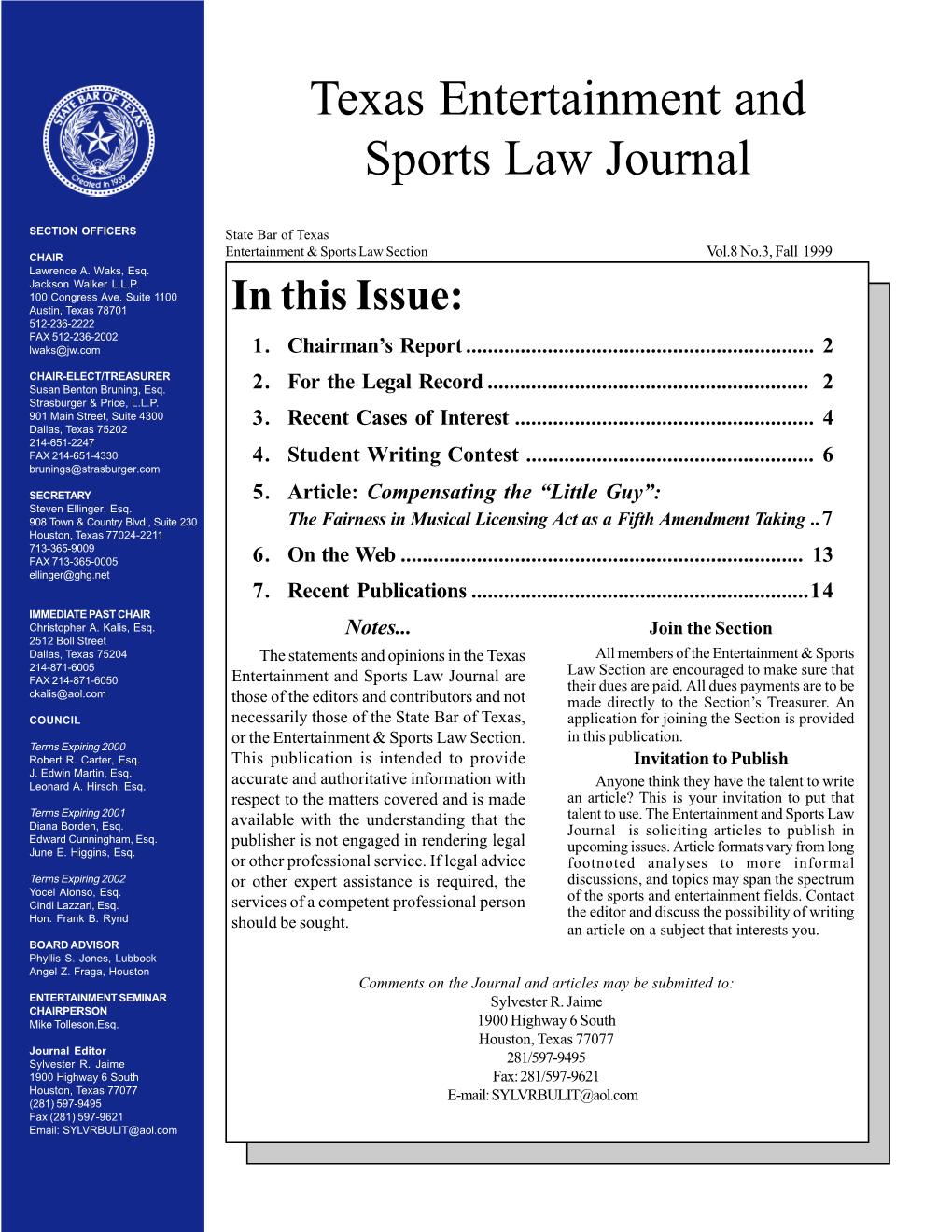 TX Sports & Enter. Journal 9-99