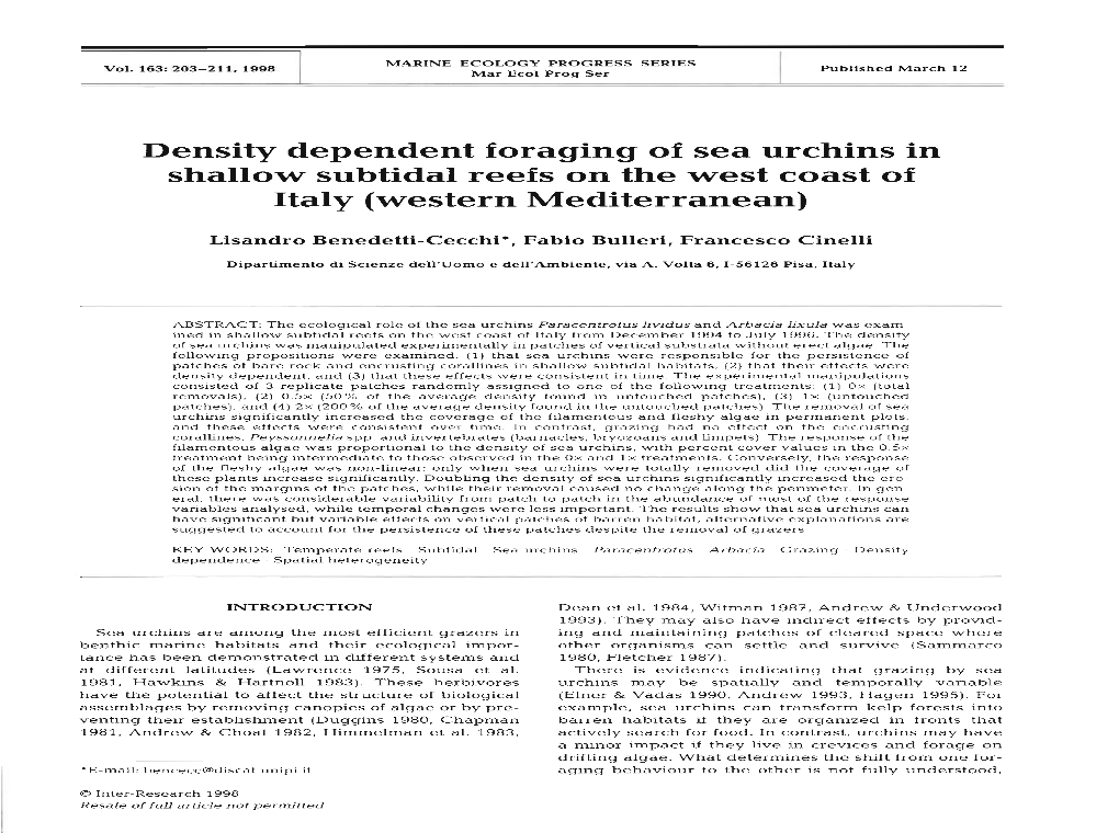 Density Dependent Foraging of Sea Urchins in Shallow Subtidal Reefs on the West Coast of Italy (Western Mediterranean)