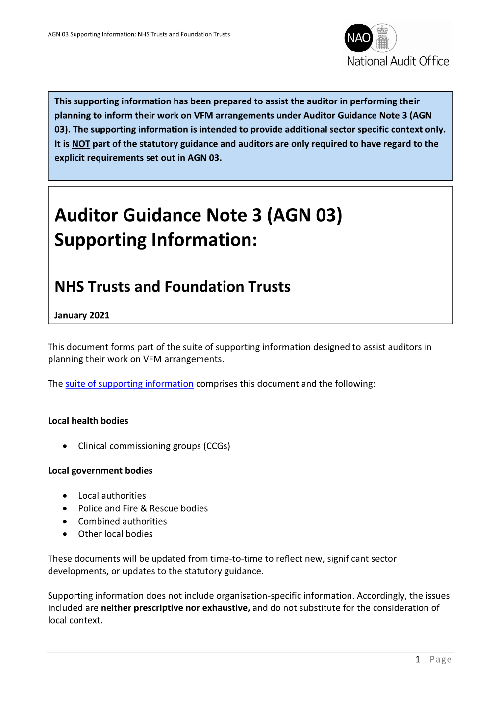 Auditor Guidance Note 3 (AGN 03) Supporting Information