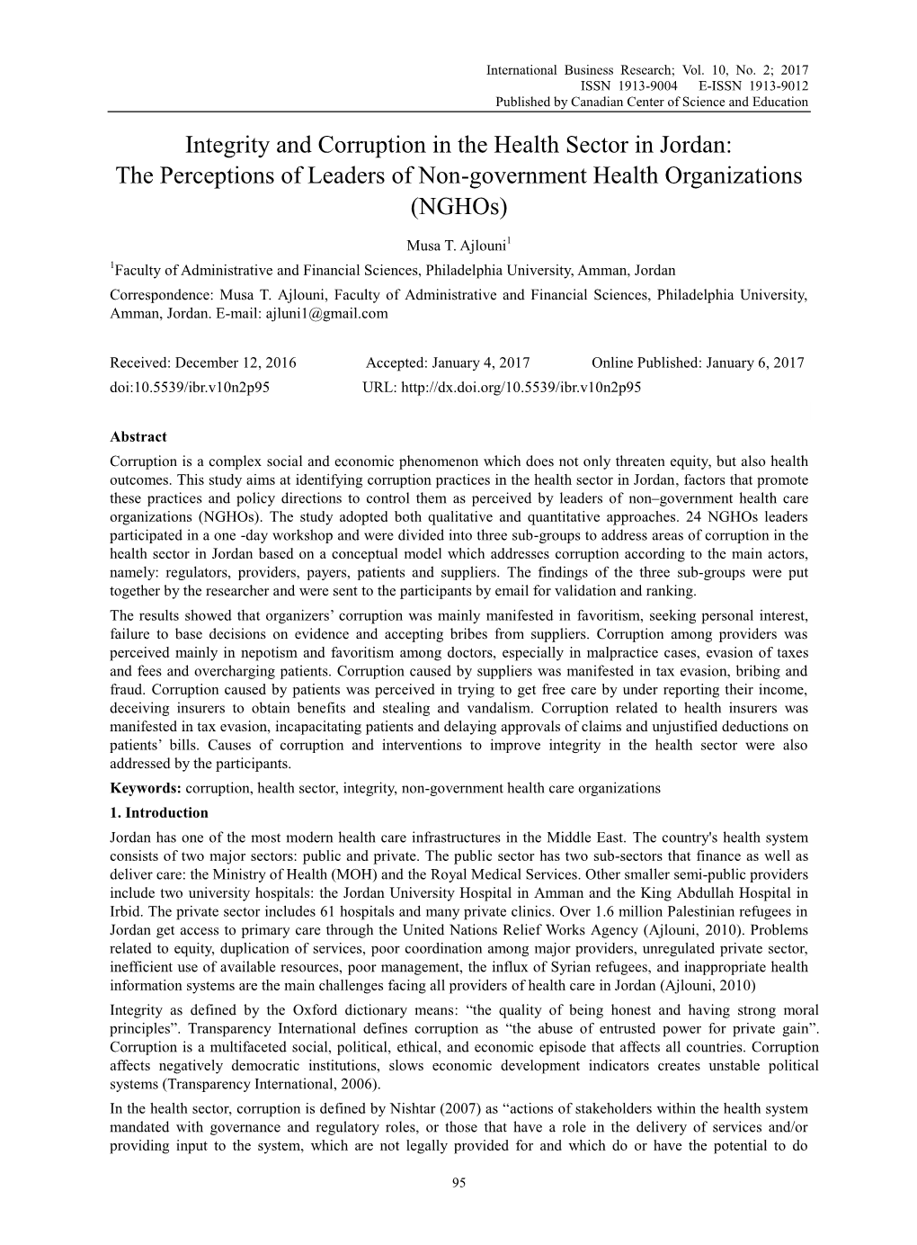 Integrity and Corruption in the Health Sector in Jordan: the Perceptions of Leaders of Non-Government Health Organizations (Nghos)