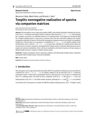 Toeplitz Nonnegative Realization of Spectra Via Companion Matrices Received July 25, 2019; Accepted November 26, 2019
