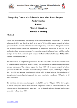 Comparing Competitive Balance in Australian Sports Leagues Ravin Charlles Student Physical Education Adileide University Abstract