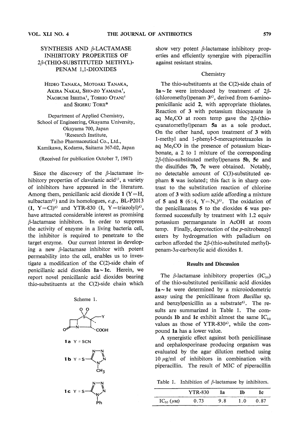 (Chloromethyl)Penam 35) , Derived from 6-Amino- and Sigeru Torii* Penicillanic Acid 2, with Appropriate Thiolates