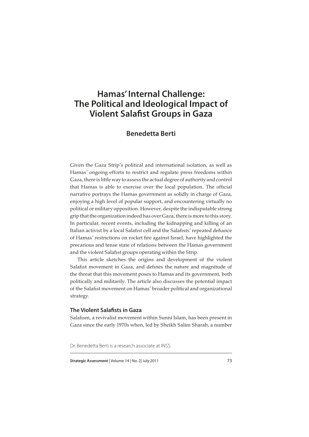 Hamas' Internal Challenge: the Political and Ideological Impact Of