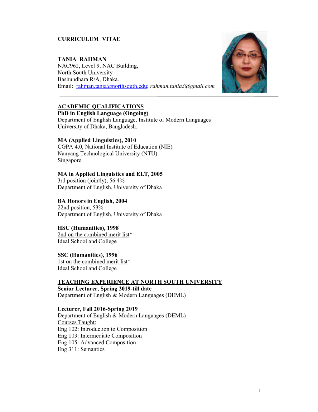 Curriculum Vitae Tania Rahman Nac962, Level 9, Nac Building, North 