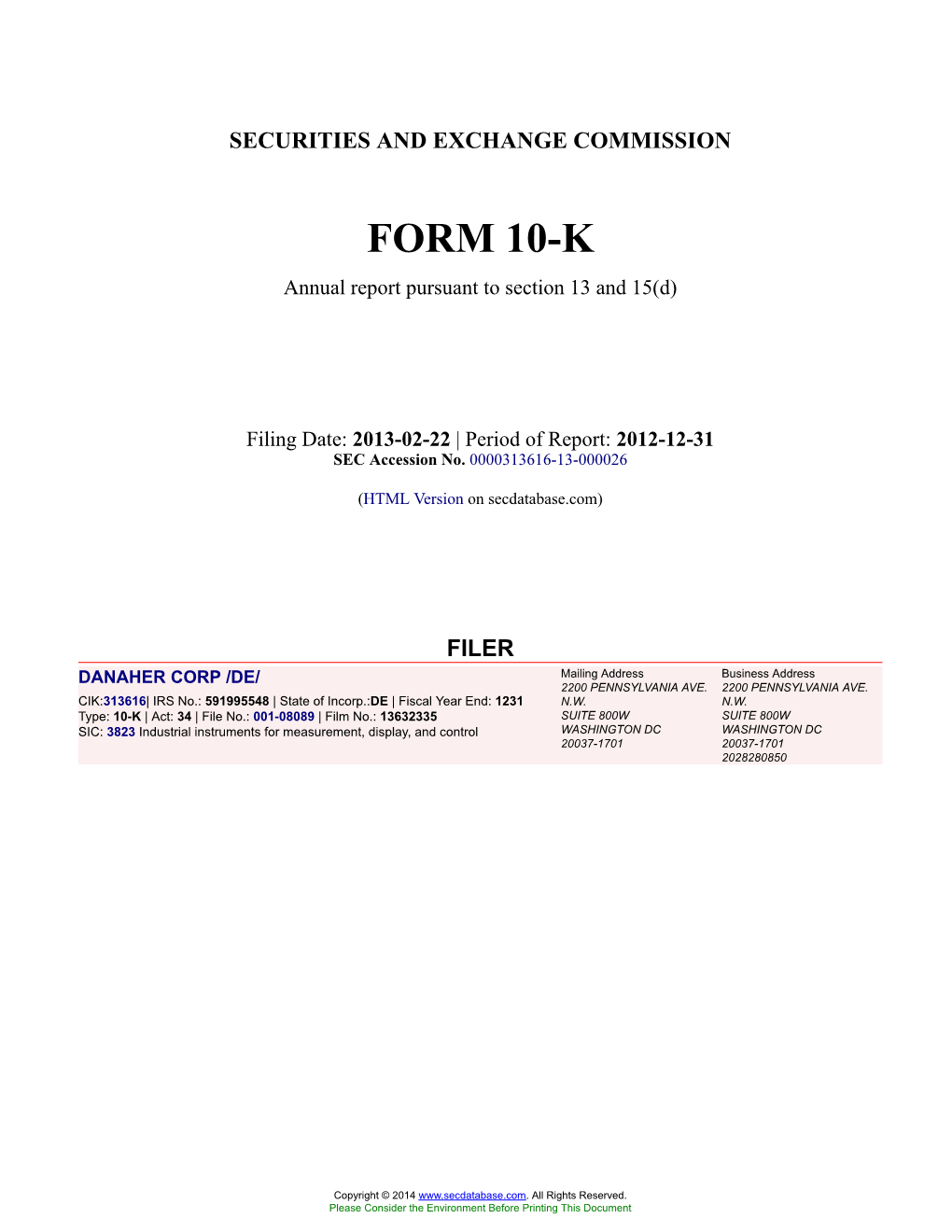 DANAHER CORP /DE/ Form 10-K Annual Report Filed 2013-02-22