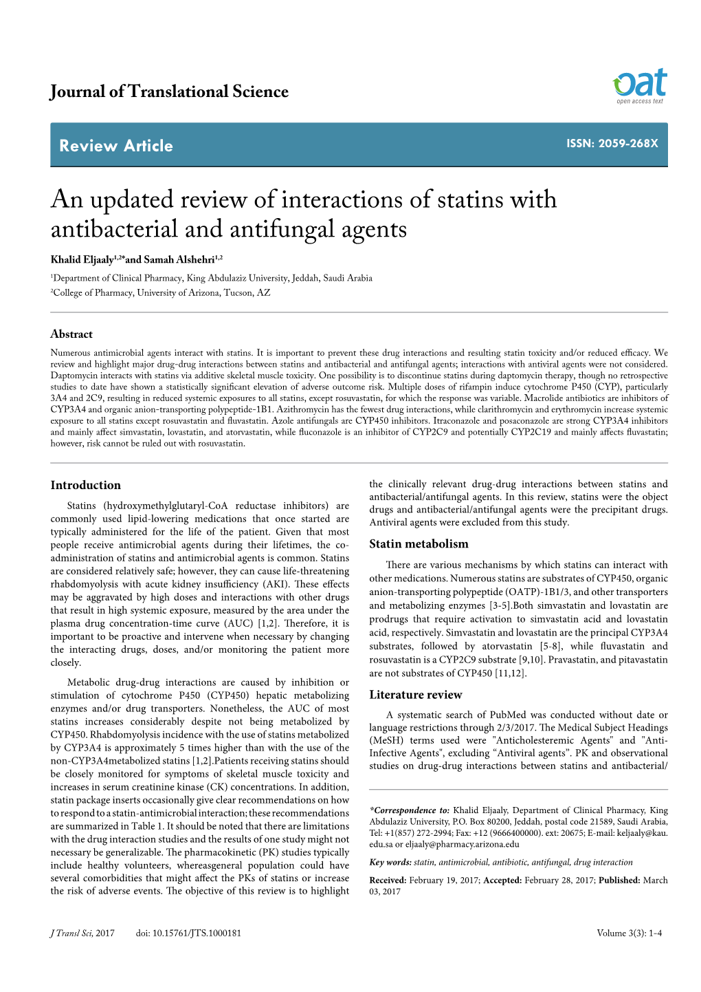 An Updated Review of Interactions of Statins with Antibacterial and Antifungal Agents