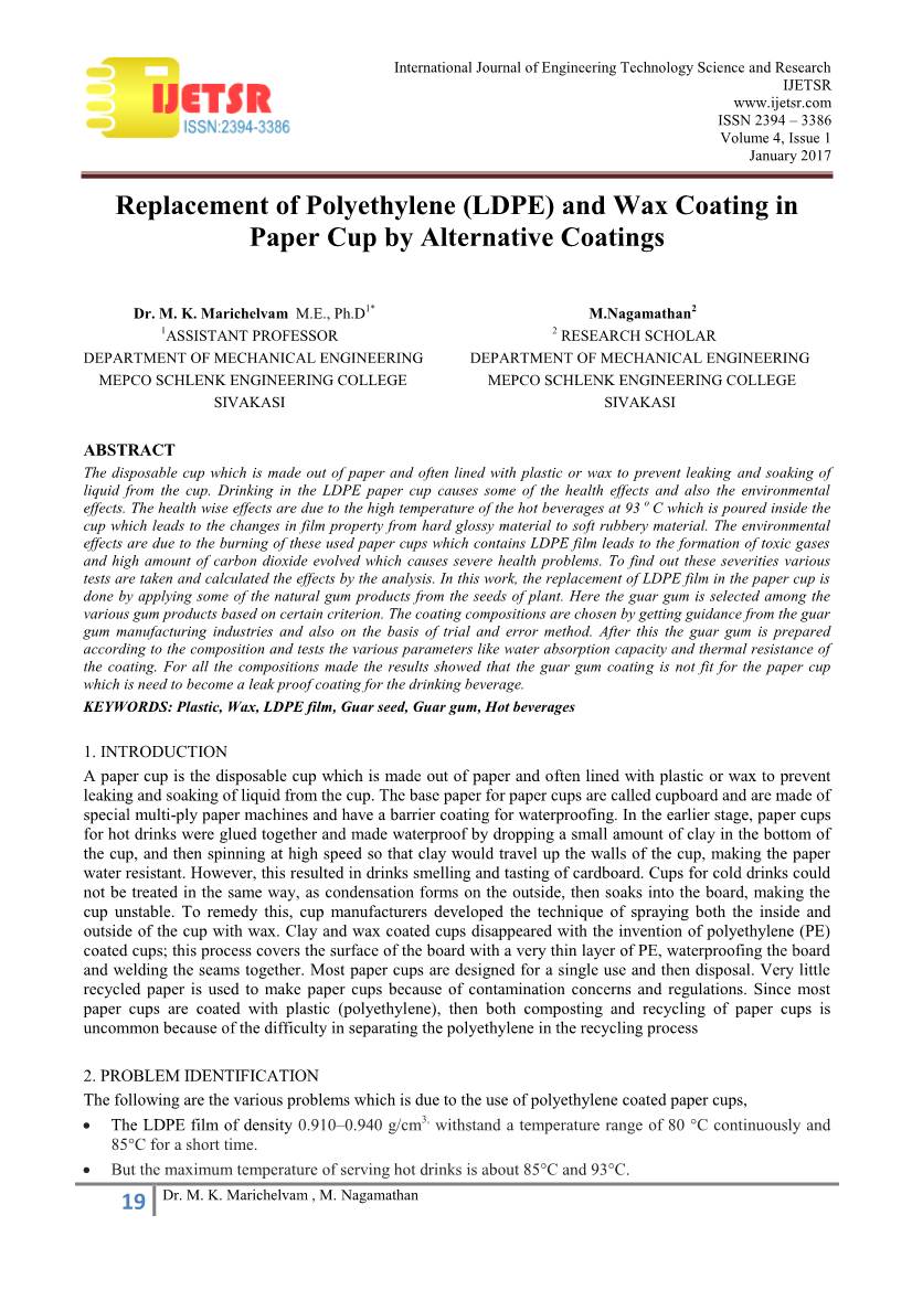 Replacement of Polyethylene (LDPE) and Wax Coating in Paper Cup by Alternative Coatings