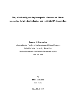 Biosynthesis of Lignans in Plant Species of the Section Linum: Pinoresinol-Lariciresinol Reductase and Justicidin B 7-Hydroxylase