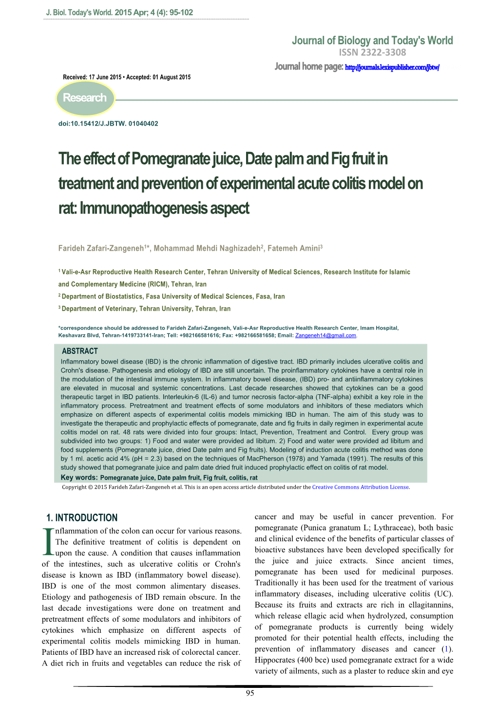 The Effect of Pomegranate Juice, Date Palm and Fig Fruit in Treatment and Prevention of Experimental Acute Colitis Model on Rat: Immunopathogenesis Aspect