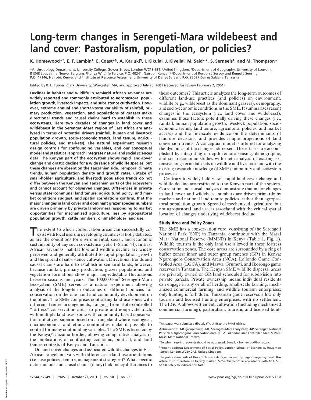 Long-Term Changes in Serengeti-Mara Wildebeest and Land Cover: Pastoralism, Population, Or Policies?
