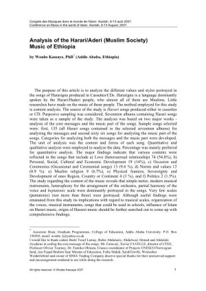 Analysis of the Harari/Aderi (Muslim Society) Music of Ethiopia by Woube Kassaye, Phd* (Addis Ababa, Ethiopia)